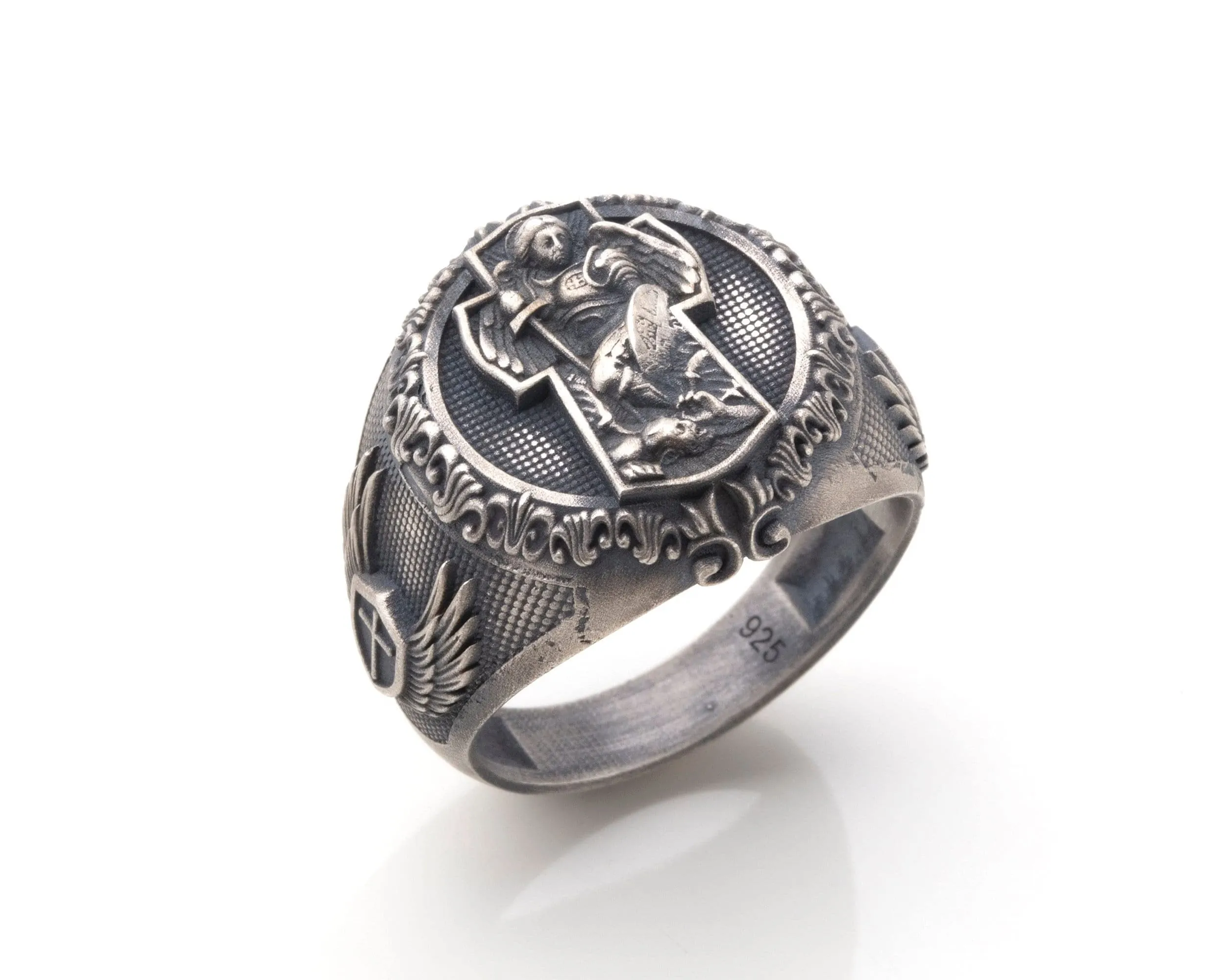 Archangel Michael Cross Ring, 925 Sterling Silver, 0.66x0.78 Inch, Handmade Christian Jewelry