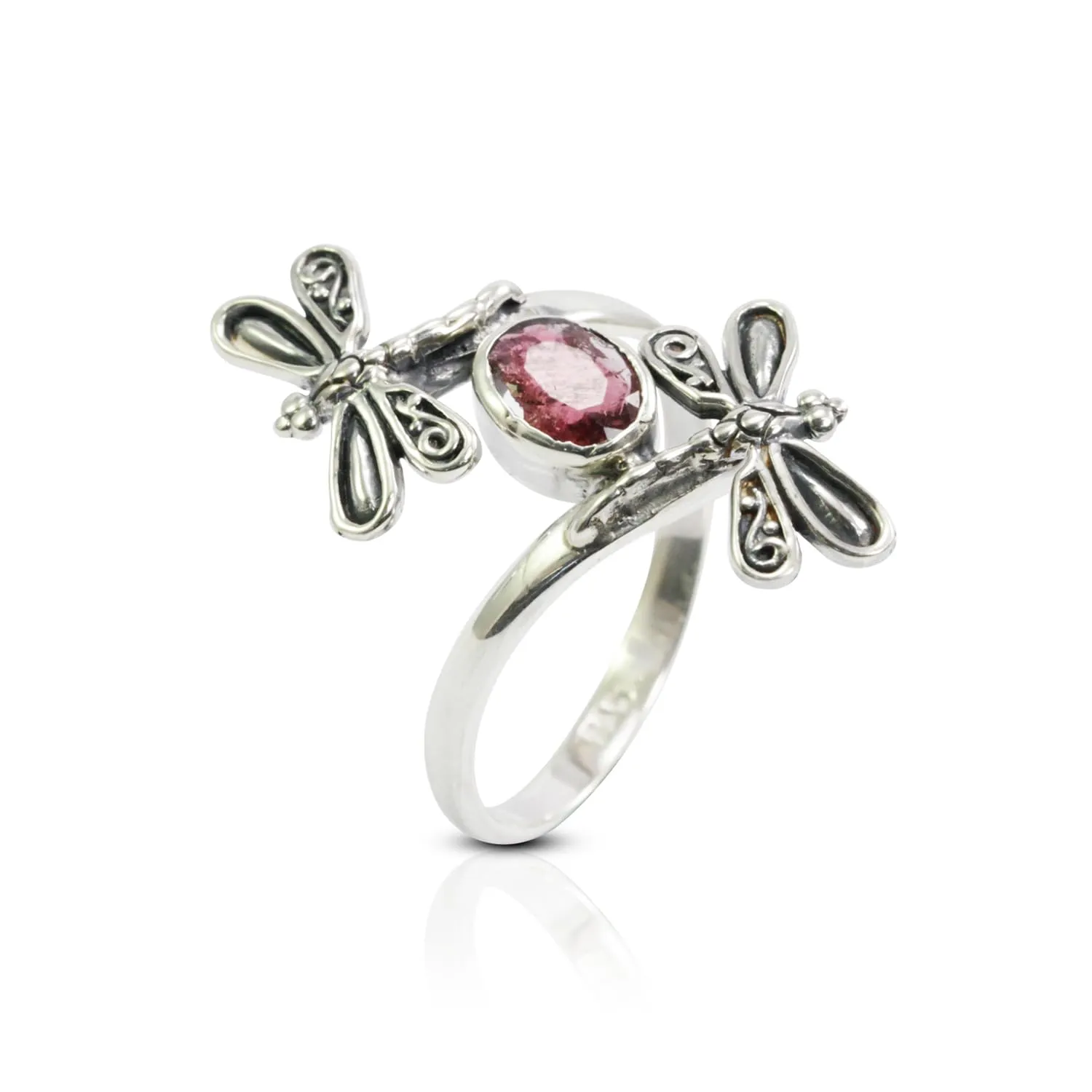 Bypass Dragonfly Ring in 925 Sterling Silver with Genuine Pink Tourmaline