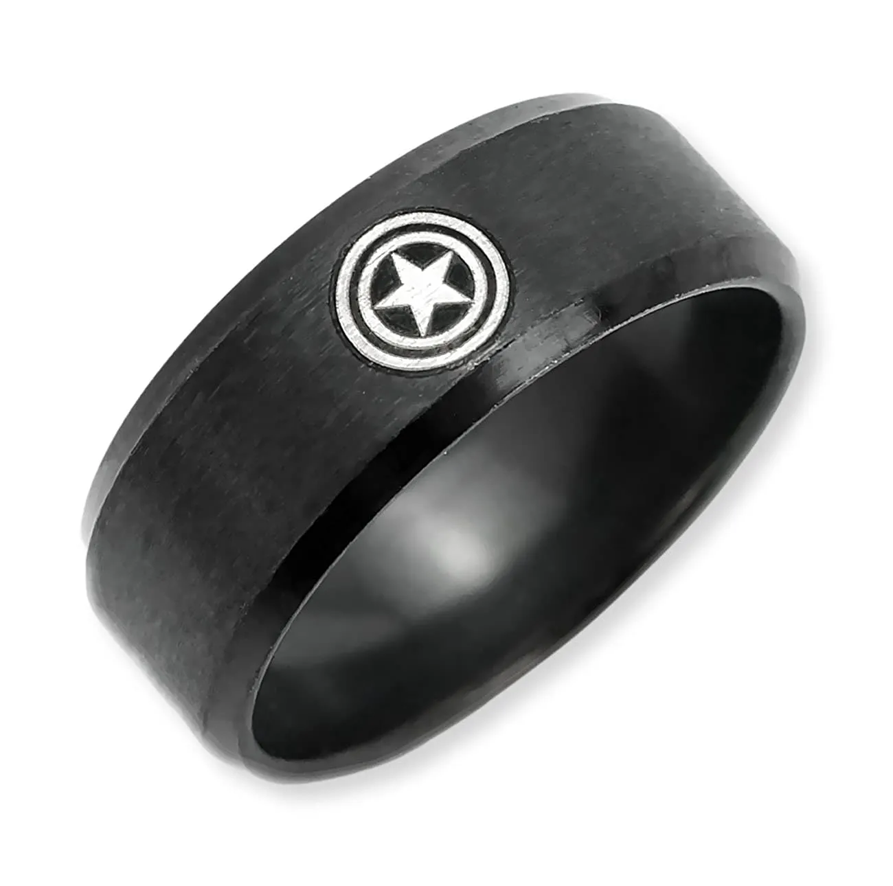 Captain America Jewelry Ring - Stainless Steel, Black 8mm Beveled Edge, Personalized Engraving