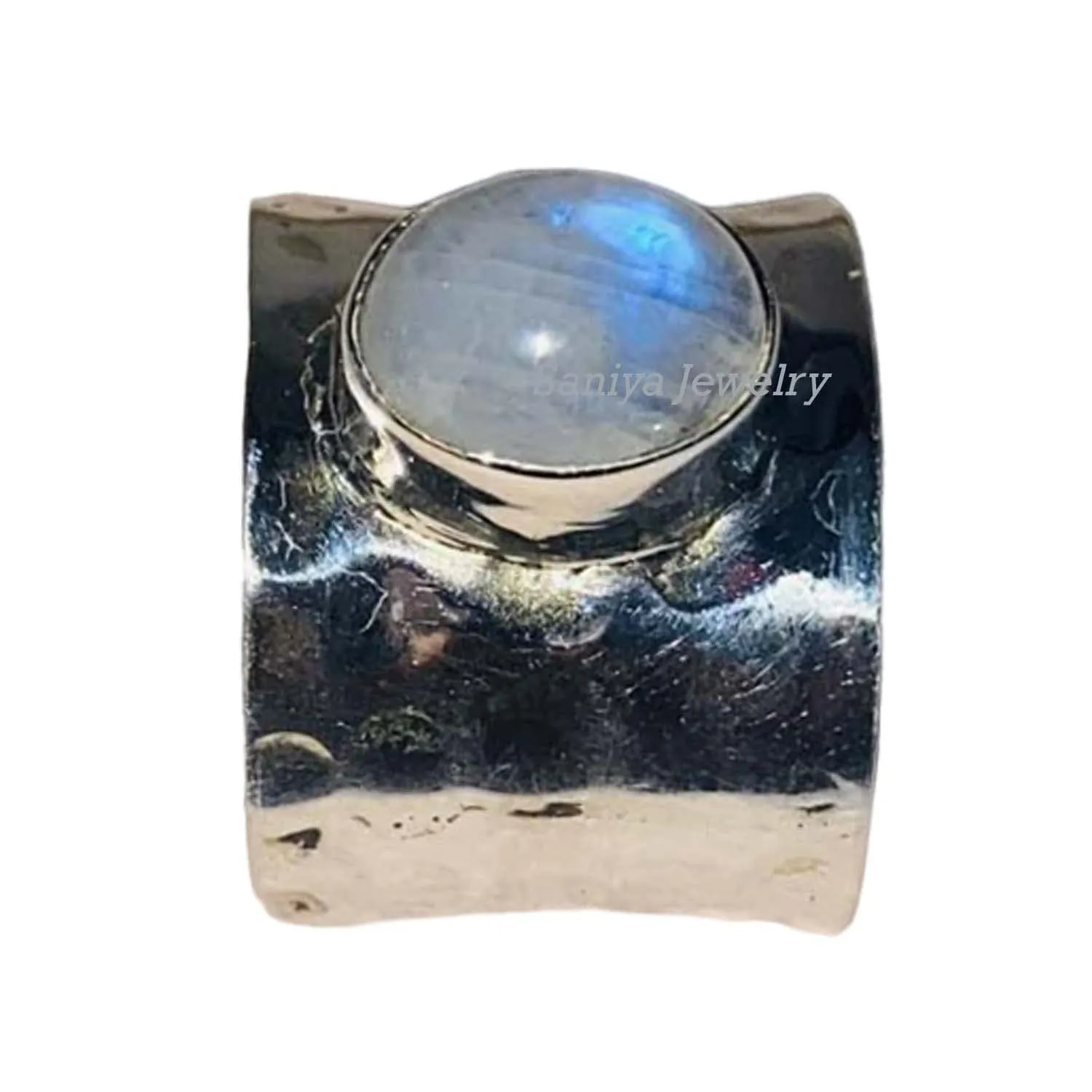 Handmade Rainbow Moonstone 925 Sterling Silver Wide Band Hammered Ring for Women