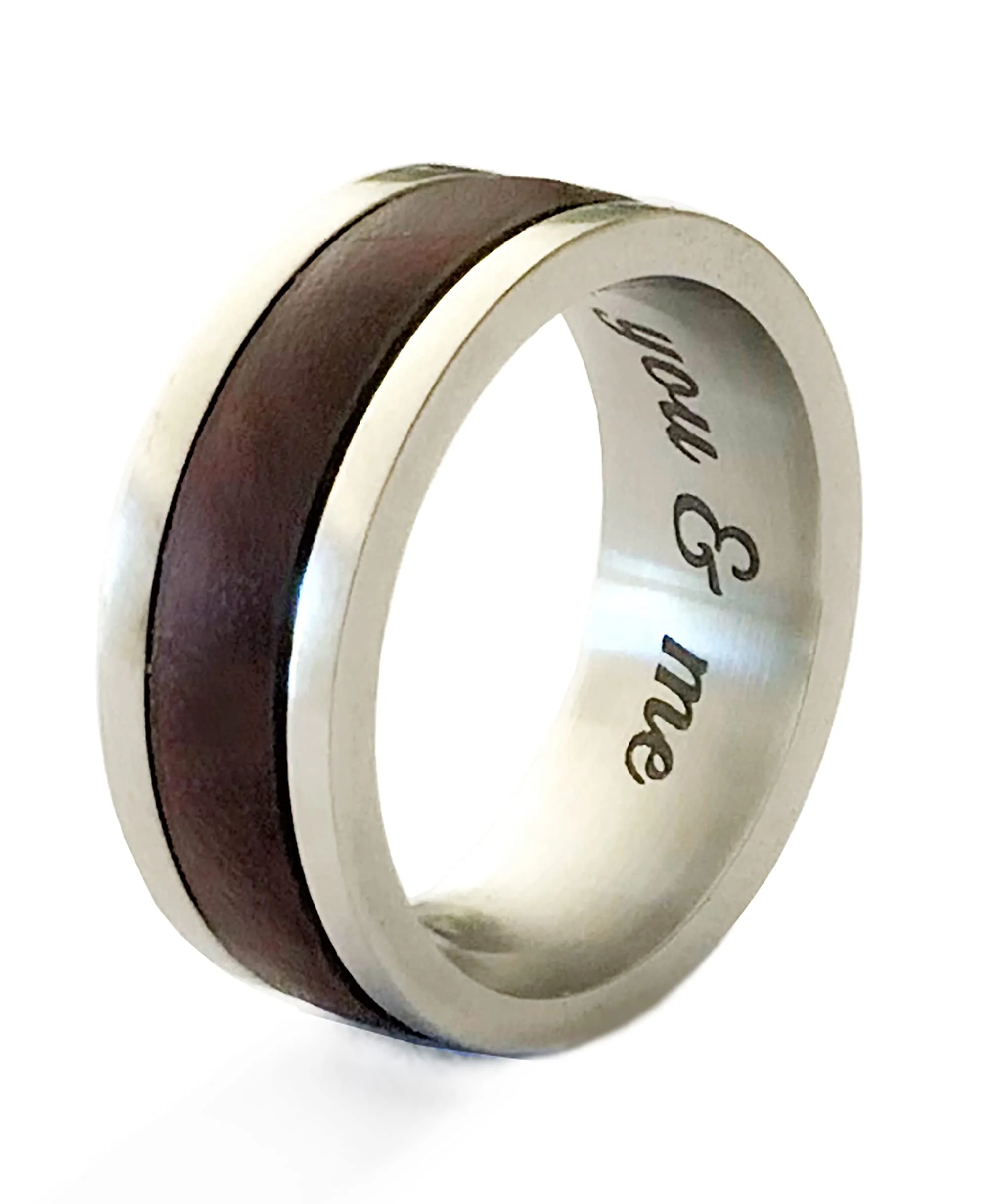 Mens Black Leather and Stainless Steel Chunky Band Ring, Engraved Anniversary Gift, Handmade