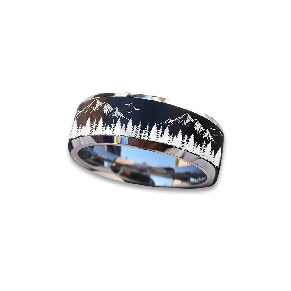 Mountain Wedding Ring with Engraved Trees, Nature Band in Tungsten Carbide, Hypoallergenic Jewelry