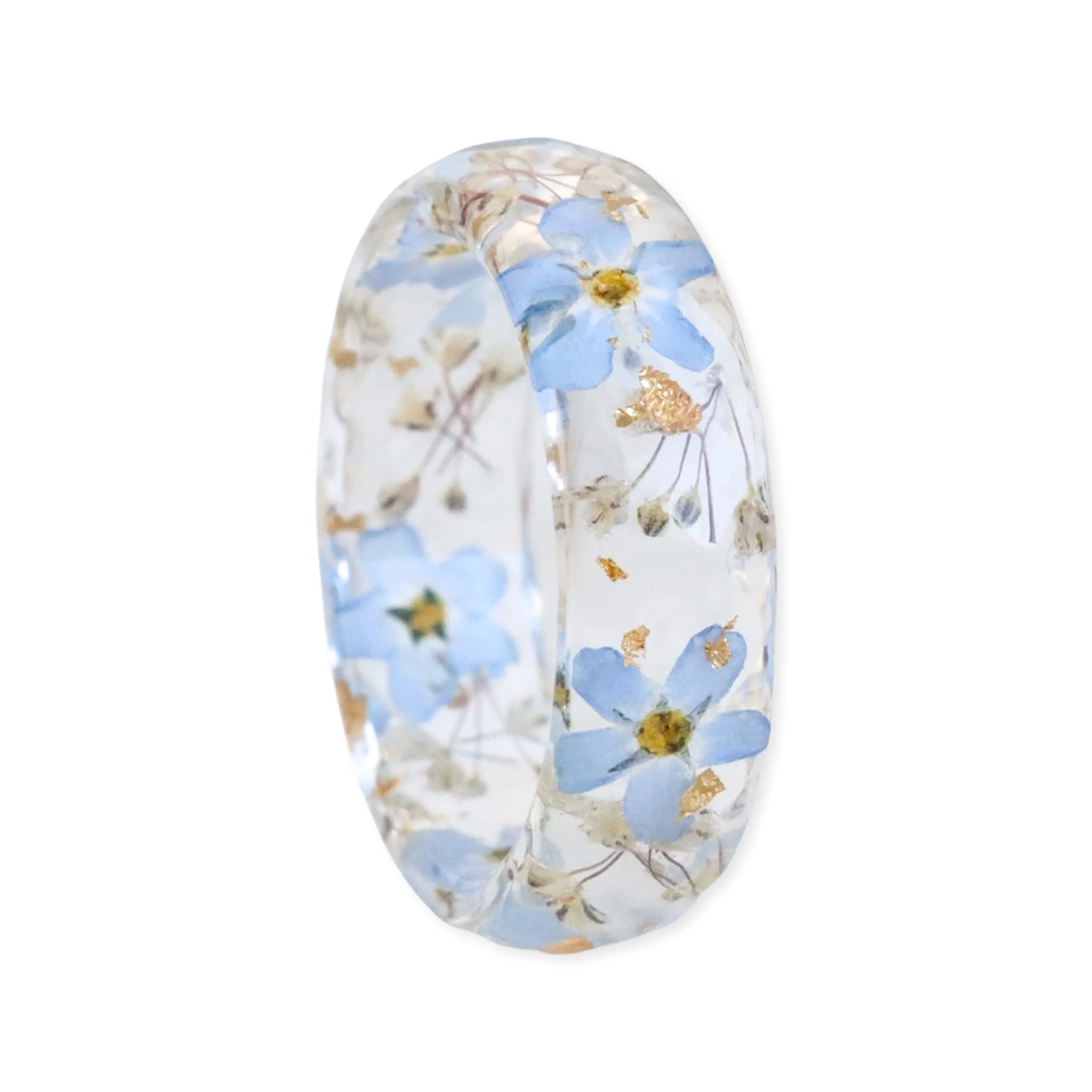 Resin Ring with Dried Blue Forget-Me-Not & Gypsophila Flowers, Gold/Silver/Copper Flakes