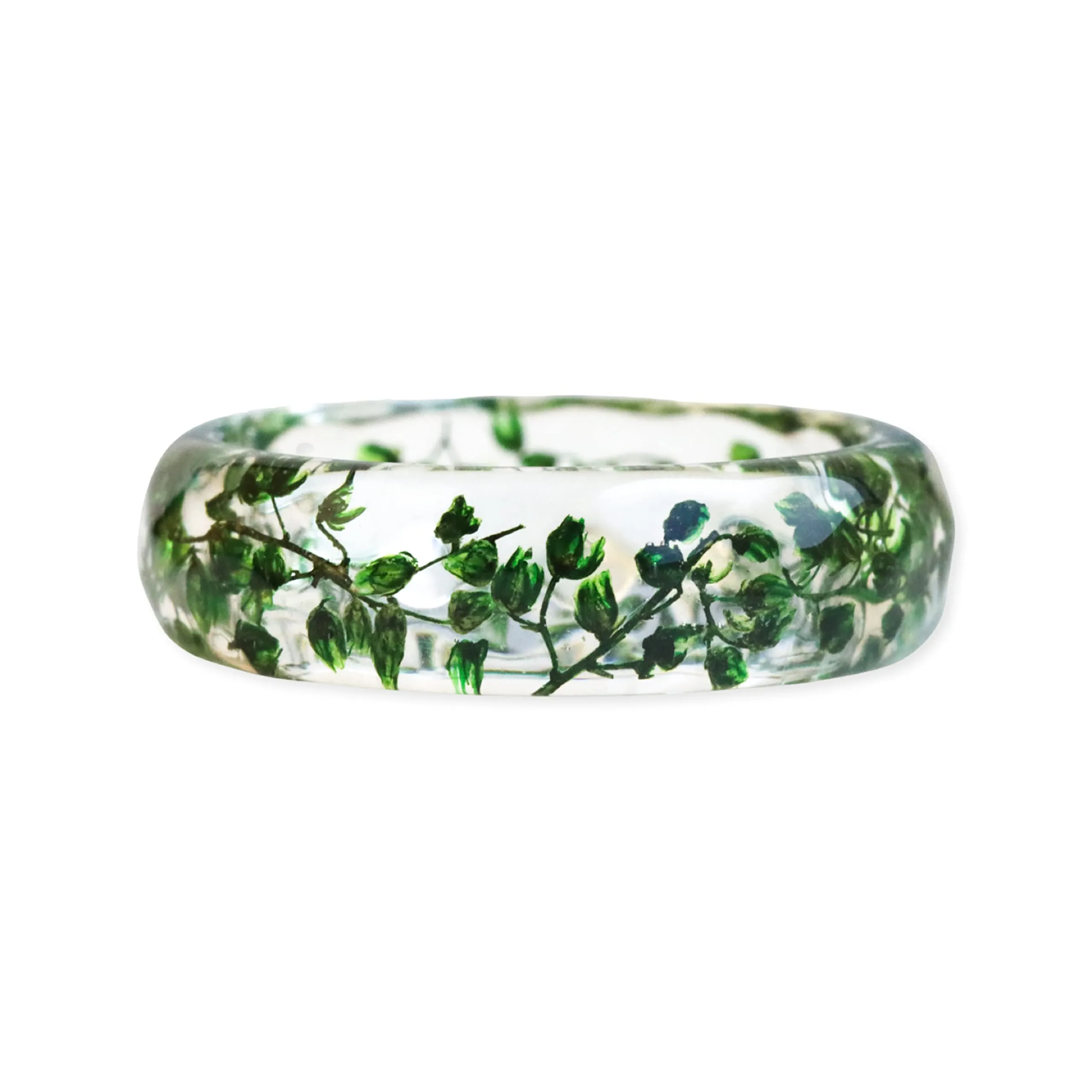 Resin Ring with Real Green Petals & Gold/Silver/Copper Flakes - Nature Inspired Stacking Ring