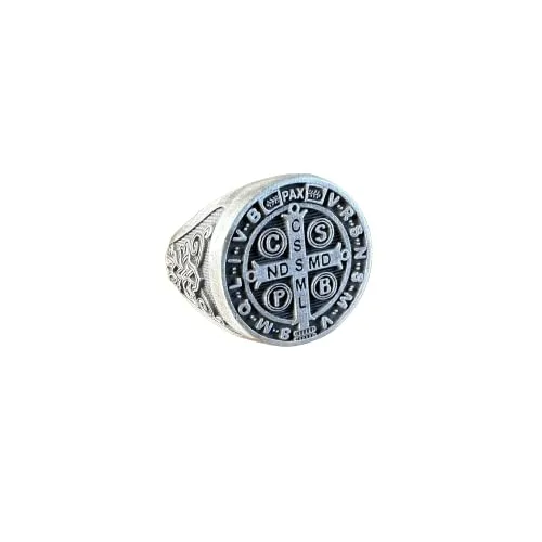 Saint Benedict Signet Ring in 925K Sterling Silver, 0.78 Inch, Handmade Catholic Jewelry