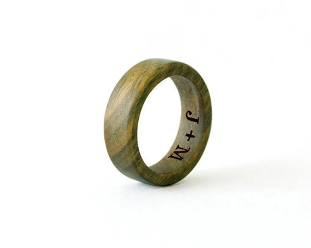 Sandalwood Green Wood Ring for Men, Engraved Wedding Band, Eco-Friendly Personalized Jewelry