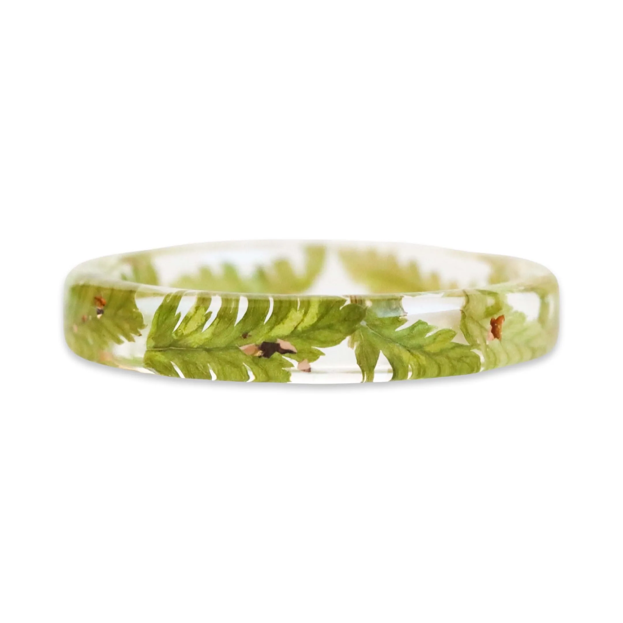 Thin Resin Ring with Pressed Fern Leaves & Gold/Silver/Copper Flakes - Nature Inspired Jewelry